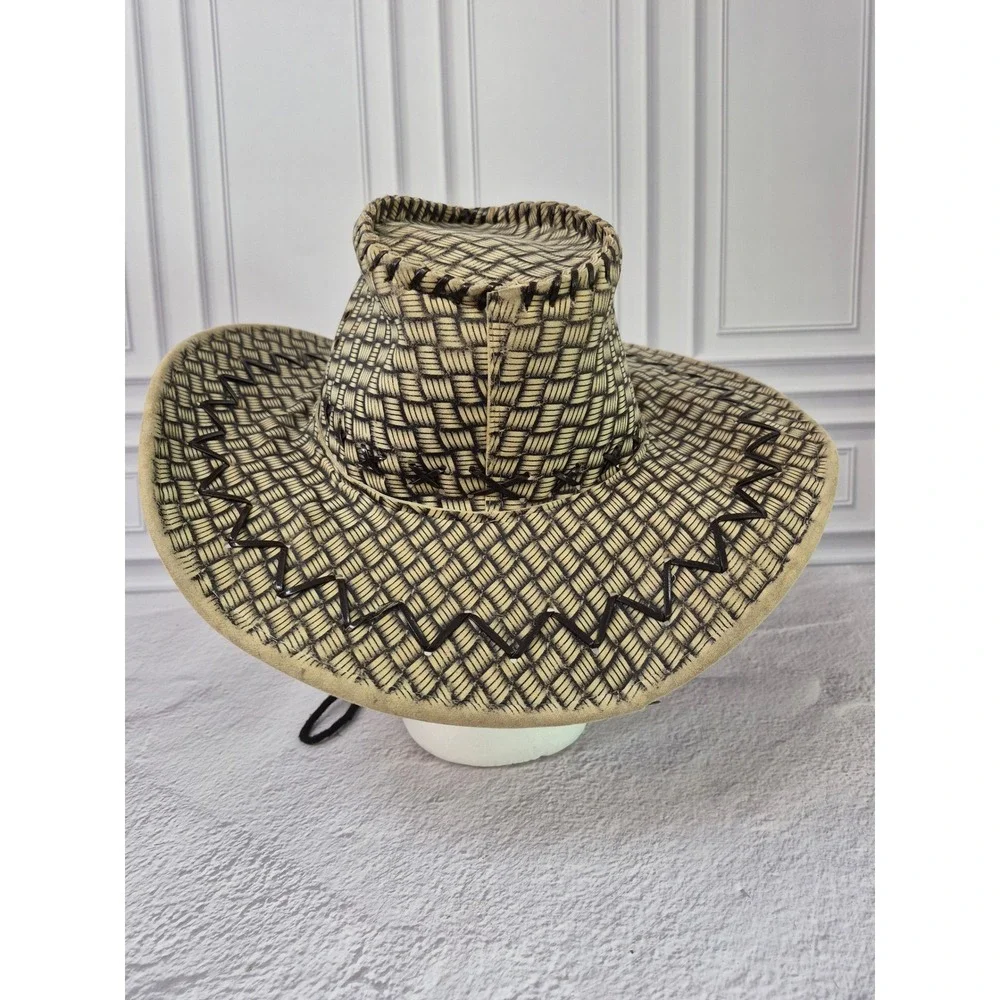 Mens Woven Straw Cowboy Hat Tan Black Wide Brim Western Sun Hat with Chin Strap